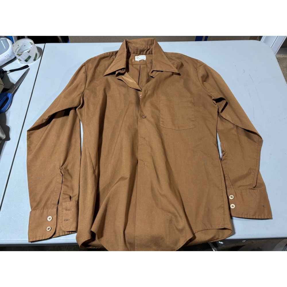 Vtg Brookdale Press Me Not Tan‎ Button Up Shirt